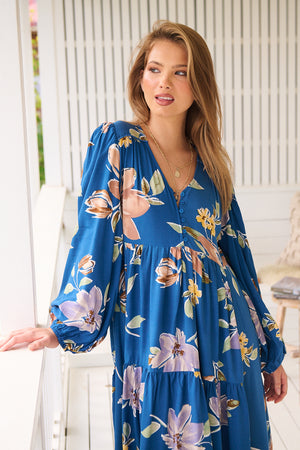 Jaase Eve Midi Dress with V-Neck Buttons Long Sleeve - Georgia Blue - Style House Fashion Jaase Jaase