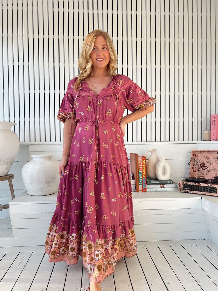 Jaase Elsa Maxi Dress with Button Bodice Puff Sleeve Lace Detail - Bee Orchid - Style House Fashion Jaase
