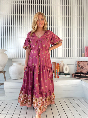 Jaase Elsa Maxi Dress with Button Bodice Puff Sleeve Lace Detail - Bee Orchid - Style House Fashion Jaase