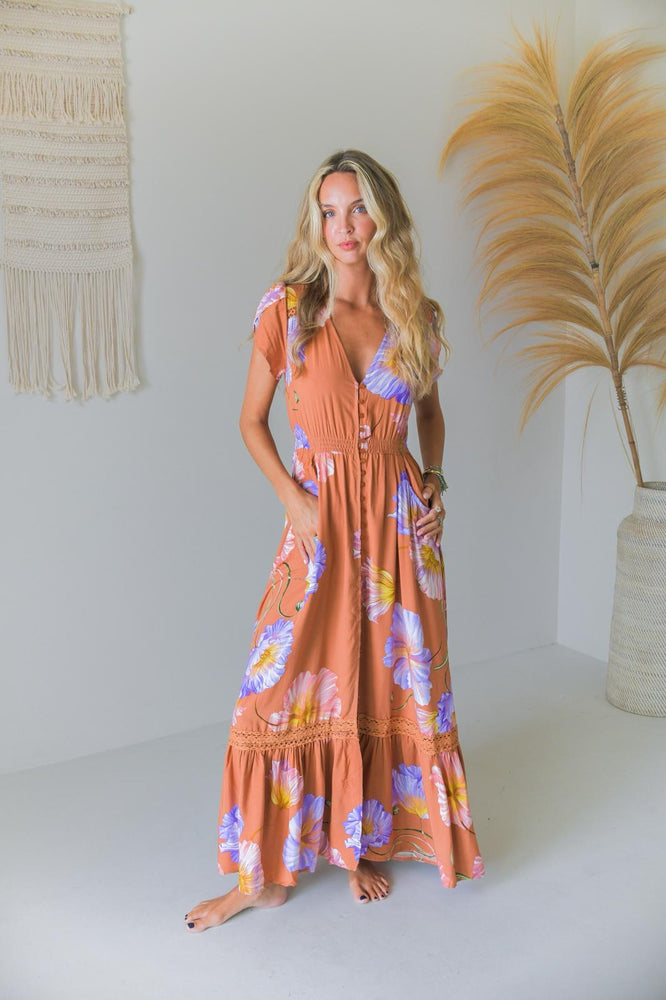 Jaase Carmen Maxi Dress with Cap Shell Sleeve V Neck Pockets Buttoned - Amara Bloom - Style House Fashion Jaase
