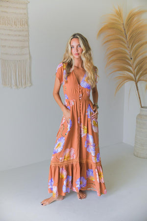 Jaase Carmen Maxi Dress with Cap Shell Sleeve V Neck Pockets Buttoned - Amara Bloom - Style House Fashion Jaase