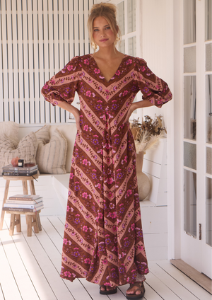 Jaase London Maxi Dress with V Neck Relaxed Shift - Savanna - Style House Fashion Jaase