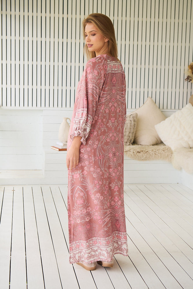 Jaase Bree Maxi Dress with V Neck Button Bodice Elastic Frill Sleeve - Angelina