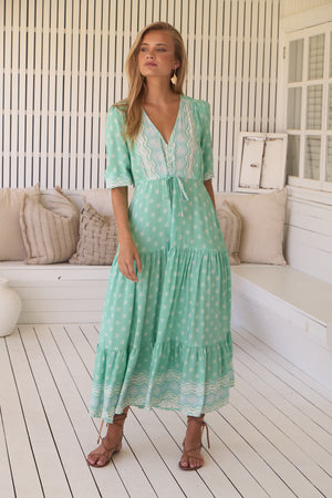 Jaase Tessa Maxi Dress with Drawstring Waist V- Neck Buttoned Bodice - Sea Foam - Style House Fashion Jaase