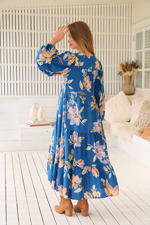 Jaase Eve Midi Dress with V-Neck Buttons Long Sleeve - Georgia Blue - Style House Fashion Jaase Jaase