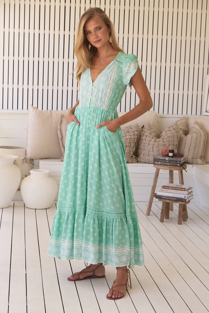 Jaase Carmen Maxi Dress with Cap Shell Sleeve V Neck Pockets - Sea Foam - Style House Fashion Jaase