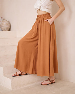 Iris Maxi Palazzo Pants Drawstring Waist Wide Leg - Rust - Style House Fashion