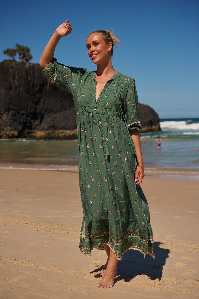 Jaase Meadow Maxi Dress with V Neck Button Bodice - Viridian