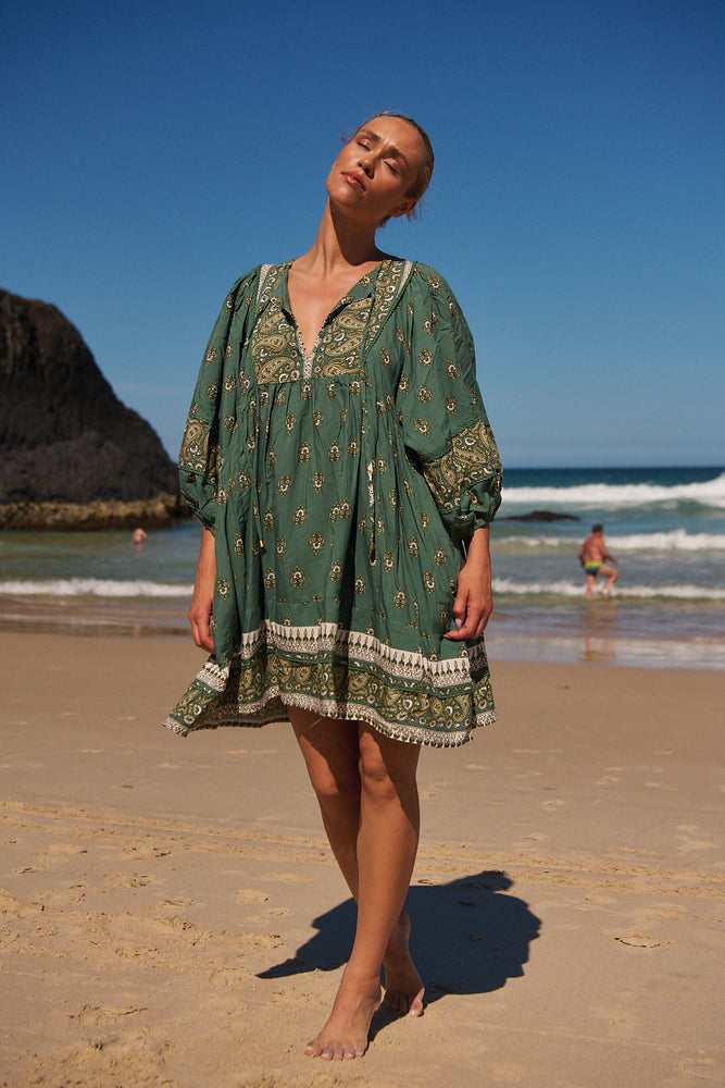 Jaase Adela Dress with Buttoned Bodice V-Neck Pockets - Viridian