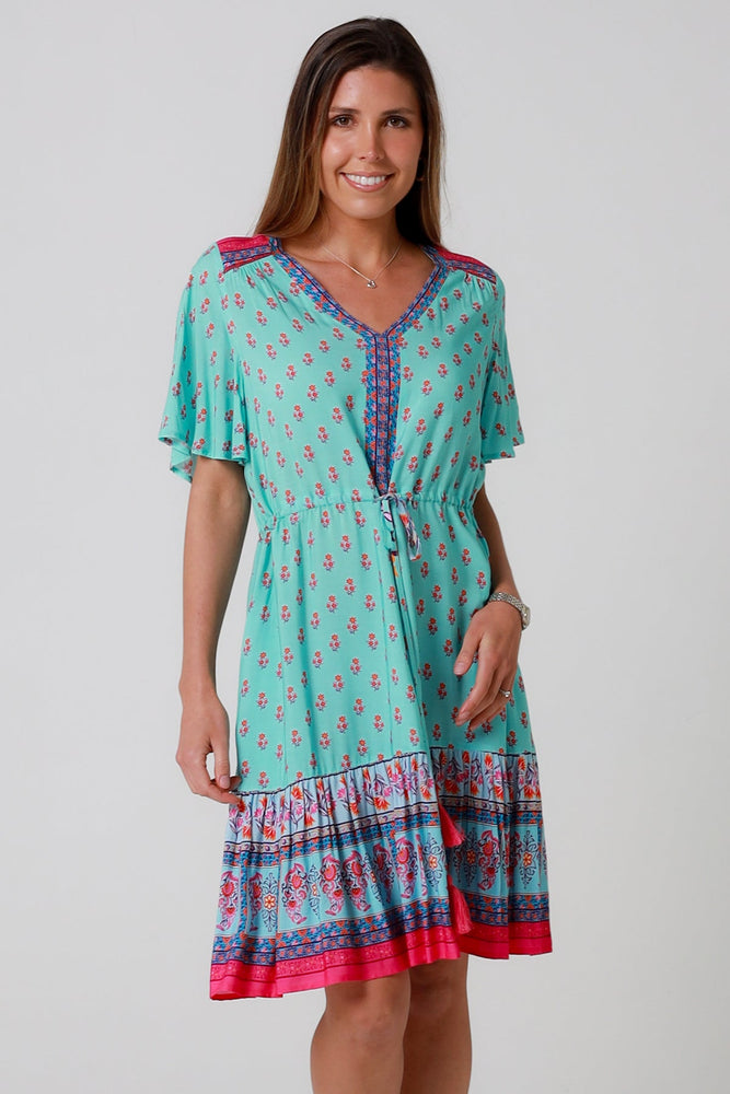 Isabella Wrenlea Mini Dress with V-Neck Pockets - Aqua Floral