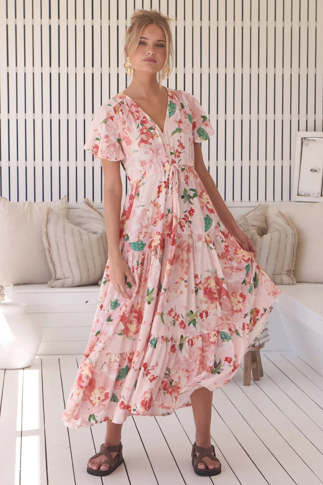 Jaase Teresia Maxi Dress with Flutter Sleeve V Neck Button Bodice Drawstring Waist - Alessia
