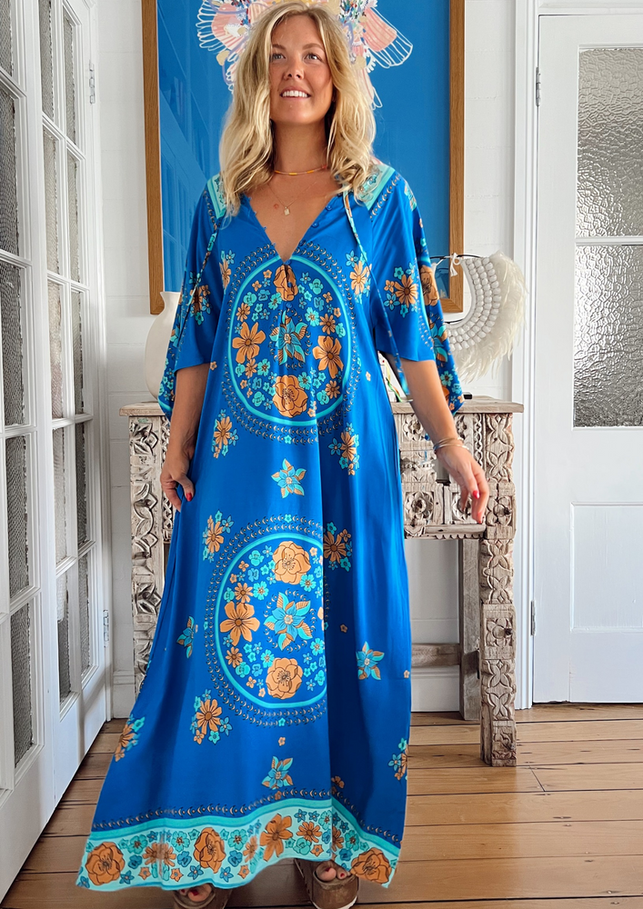 Jaase Bree Maxi Dress with V Neck Button Bodice Hankerchief Sleeve - Riviera - Style House Fashion Jaase