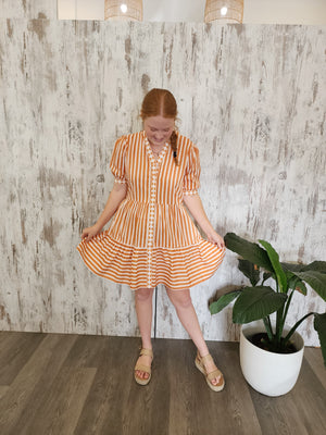 Joop & Gypsy Stripe Mini Dress V Neck Pockets - Pumpkin Striped - Style House Fashion Joop and Gypsy Joop and Gypsy Joop and Gypsy Joop and Gypsy Joop and Gypsy Joop and Gypsy
