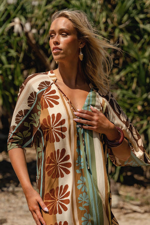 Jaase Bree Maxi Dress with V Neck Button Bodice Hankerchief Sleeve - Cacao Mist - Style House Fashion Jaase