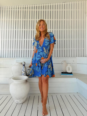 Jaase Rhys Mini Dress with V Neck Hook & Eyes Flutter Sleeves - Blue Bell