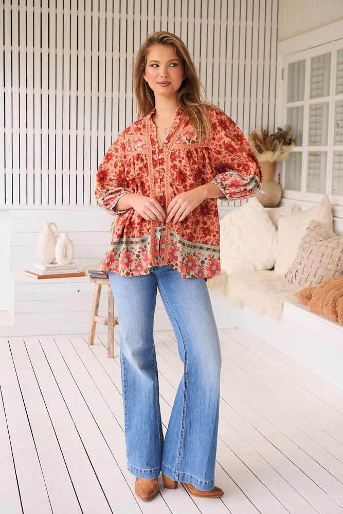 Jaase Bee Blouse Top with Mandarin Collar V Neck Buttons Lace Detail - Lillianna - Style House Fashion Jaase