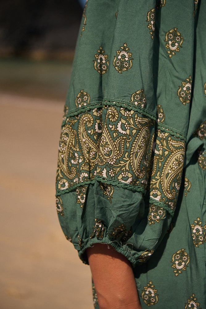 Jaase Adela Dress with Buttoned Bodice V-Neck Pockets - Viridian