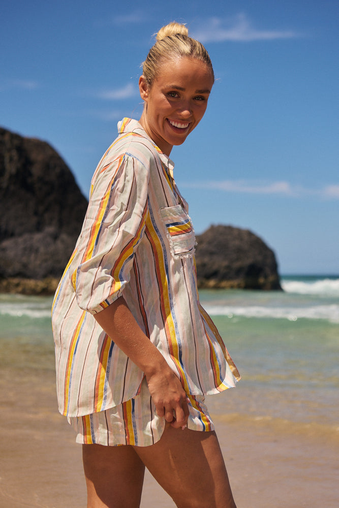 Jaase Rhiannon Shirt Blouse with V Neck Collar Buttoned Front - Coloured Sands - Style House Fashion Jaase Jaase Jaase Jaase