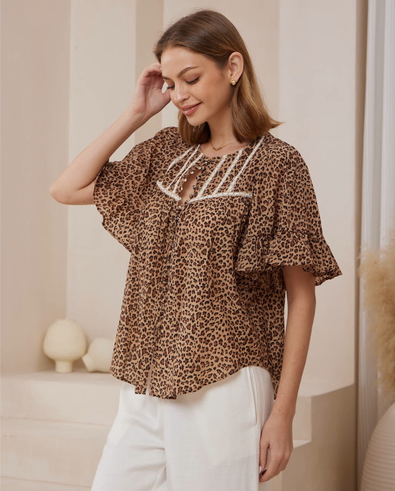 Iris Maxi Jazz Bohemian Blouse V Neck Buttoned - Leopard - Style House Fashion Iris Maxi