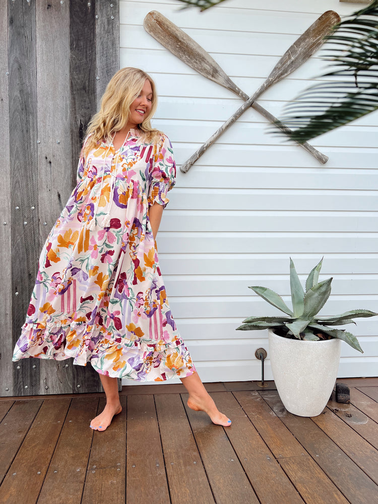 Jaase Kora Midi Dress with Tie Up V Neck Pockets Short Sleeve - Sweet Lilly - Style House Fashion Jaase Jaase