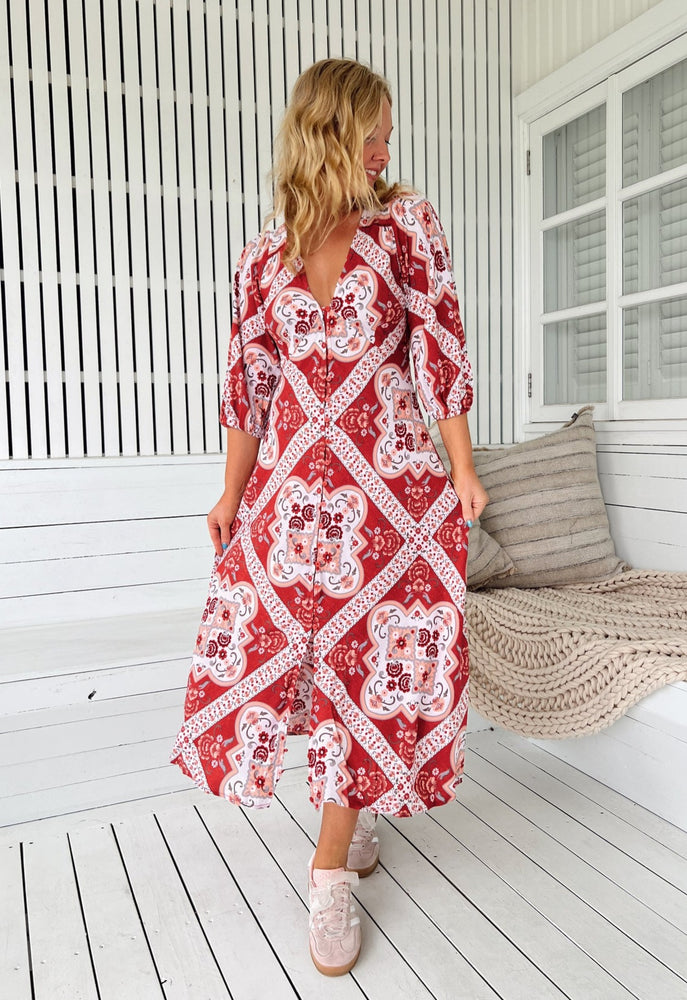 Jaase Lenni Midi Dress with V-Neck Buttoned A-Line Skirt Puff Sleeve - Rosa