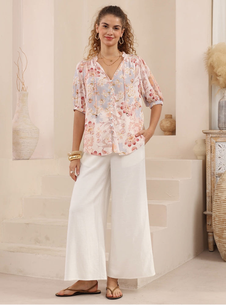 Iris Maxi Kelsie Bohemian Blouse V Neck Buttoned - Rosewater