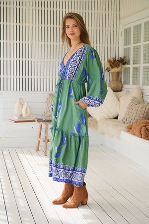 Jaase Willa Midi Dress with Pockets V-Neck Buttons Bodice Drawstring Waist - Bluebird - Style House Fashion Jaase Jaase