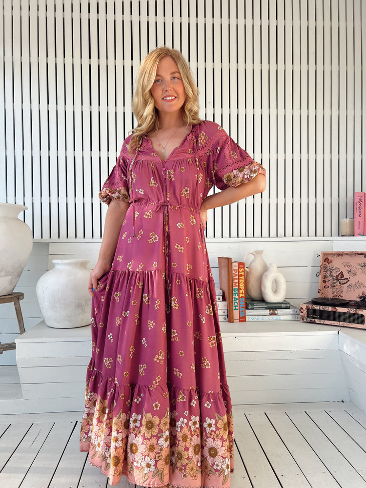 Jaase Elsa Maxi Dress with Button Bodice Puff Sleeve Lace Detail - Bee Orchid - Style House Fashion Jaase