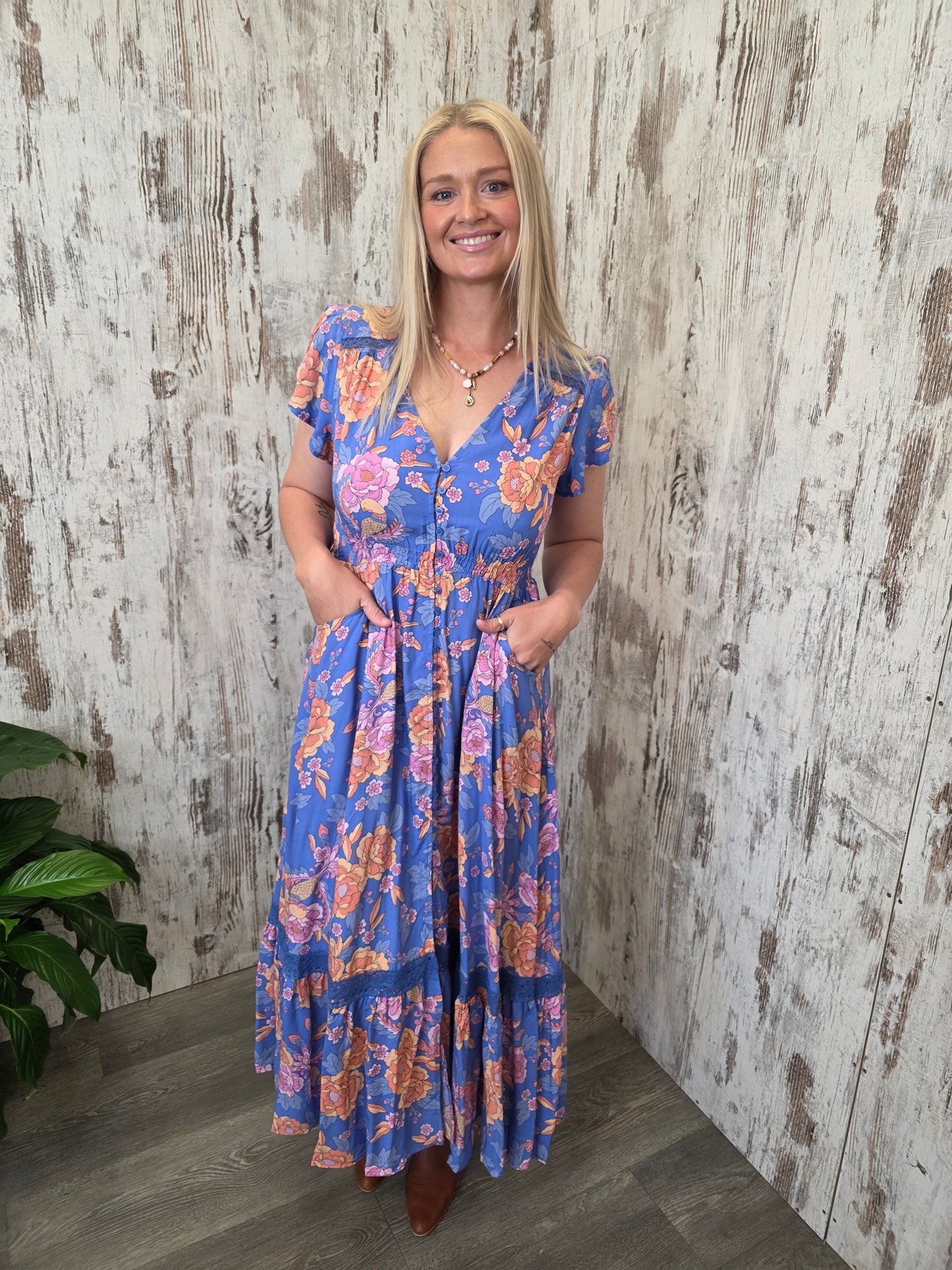 Jaase Carmen Maxi Dress with Cap Shell Sleeve V Neck Pockets Buttoned - Glastonbury - Style House Fashion Jaase