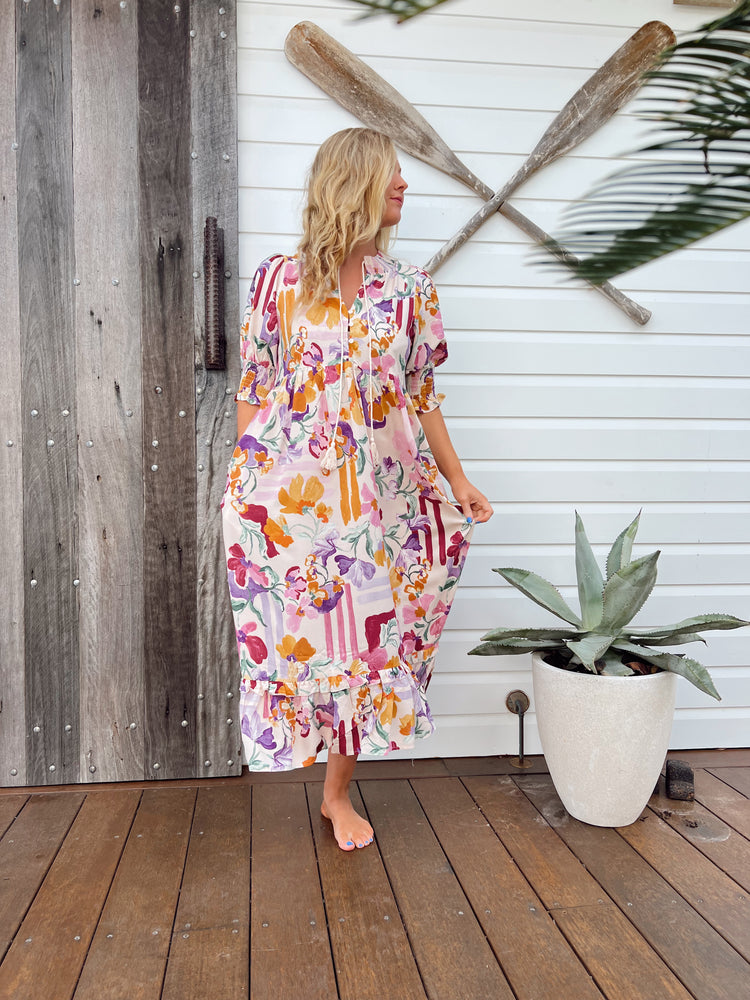 Jaase Kora Midi Dress with Tie Up V Neck Pockets Short Sleeve - Sweet Lilly - Style House Fashion Jaase Jaase