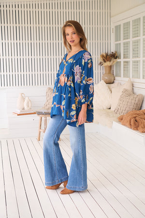 Jaase Adela Blouse Tunic with Buttoned Bodice V Neck - Georgia Blue - Style House Fashion Jaase