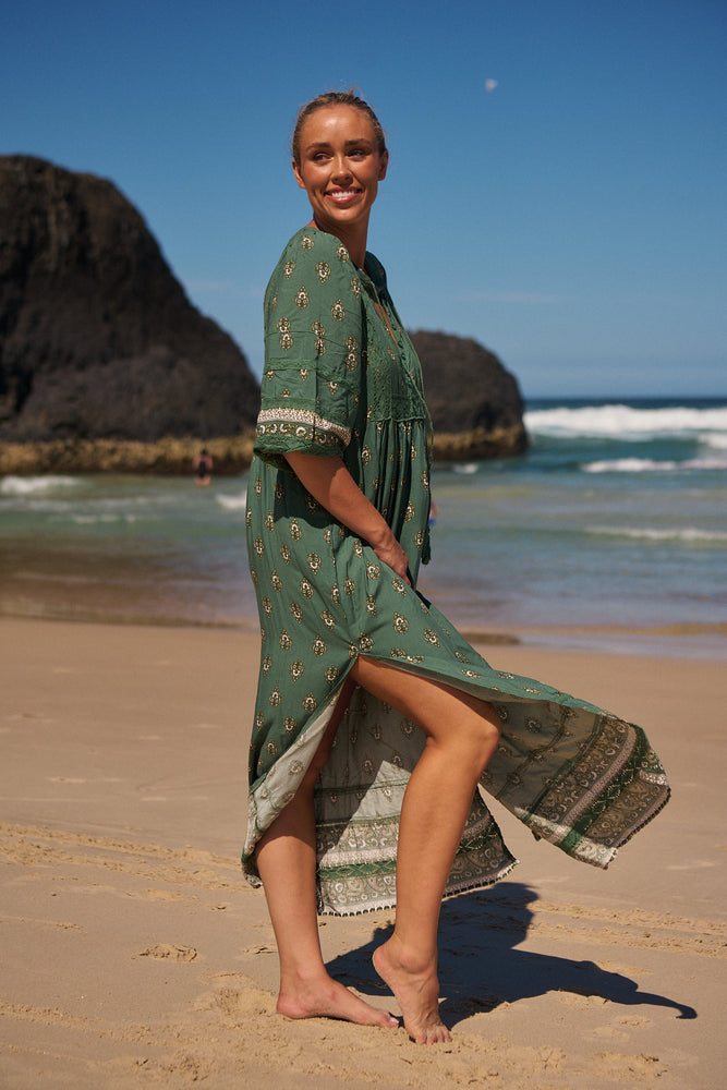 Jaase Meadow Maxi Dress with V Neck Button Bodice - Viridian