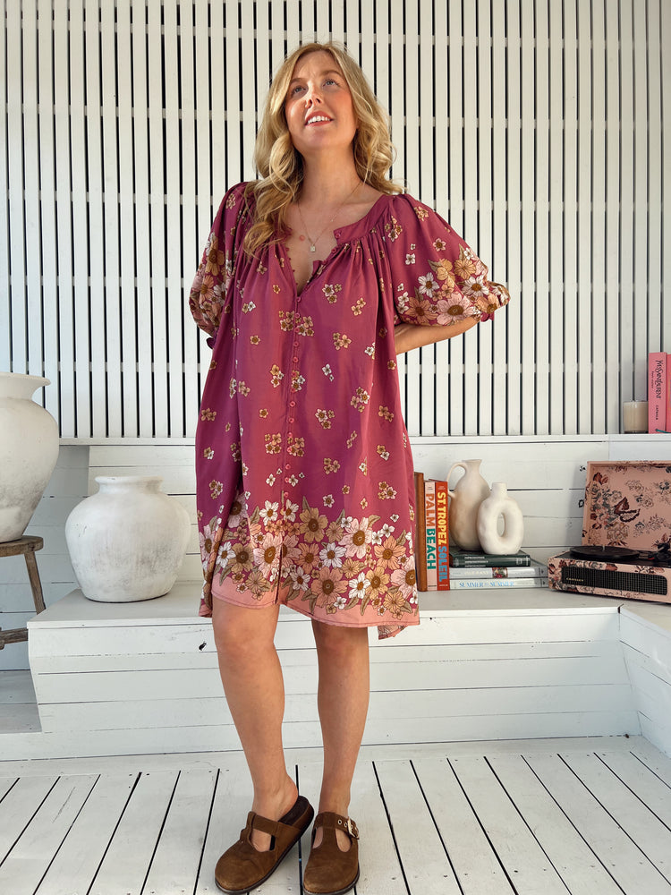 Jaase Evelyn Mini Dress with Pockets V Neck Buttoned Relaxed Shift - Bee Orchid - Style House Fashion Jaase