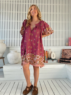 Jaase Evelyn Mini Dress with Pockets V Neck Buttoned Relaxed Shift - Bee Orchid - Style House Fashion Jaase
