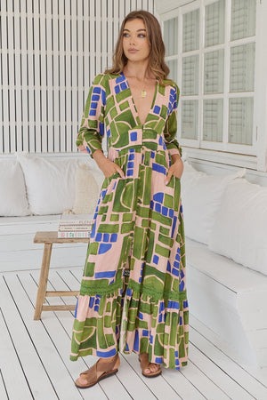 Tabitha Maxi Dress with V Neck Buttoned Through - Mystic Matcha - Style House Fashion