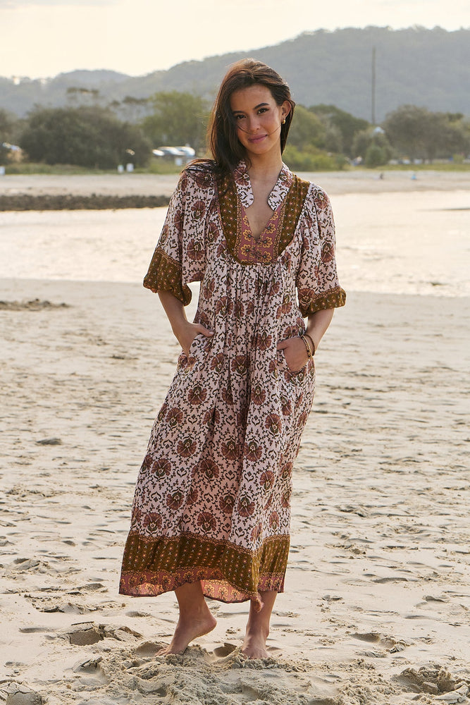 Jaase Boheme Midi Dress with Mandarin Collar V Neck Pockets - Wild Gypsy - Style House Fashion Midi Dress Jaase