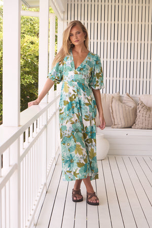 Jaase Daphne Maxi Dress with V-Neck A-Line Skirt Puff Sleeve - Amaya - Style House Fashion Jaase Jaase