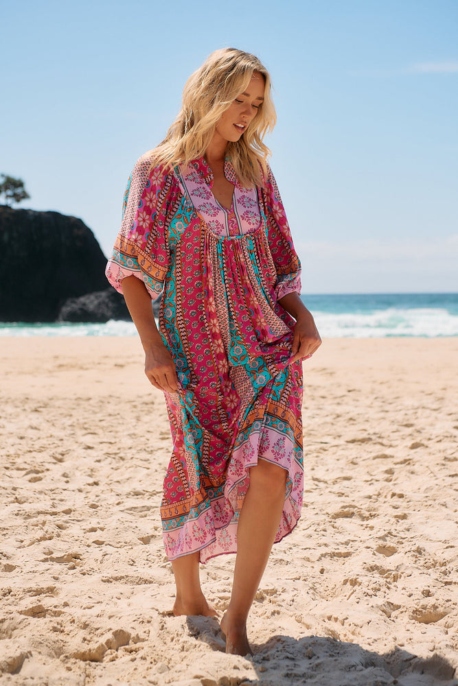 Jaase Boheme Midi Dress with Mandarin Collar V Neck Pockets - Cedella - Style House Fashion Jaase
