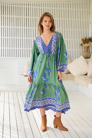 Jaase Willa Midi Dress with Pockets V-Neck Buttons Bodice Drawstring Waist - Bluebird - Style House Fashion Jaase Jaase