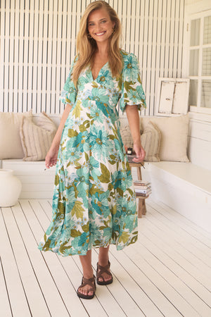 Jaase Daphne Maxi Dress with V-Neck A-Line Skirt Puff Sleeve - Amaya - Style House Fashion Jaase Jaase