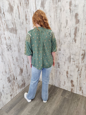 Jaase Montie Blouse with Mandarin Collar V-Neck - Viridian