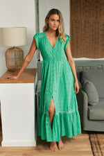 Jaase Carmen 100% Cotton Embroidered Maxi Dress with Cap Shell Sleeve V Neck Pockets Buttoned - Emerald