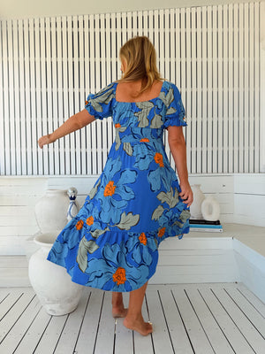 Jaase Rini Midi Dress V Neck Off Shoulder Elastic Waist - Blue Bell - Style House Fashion Jaase