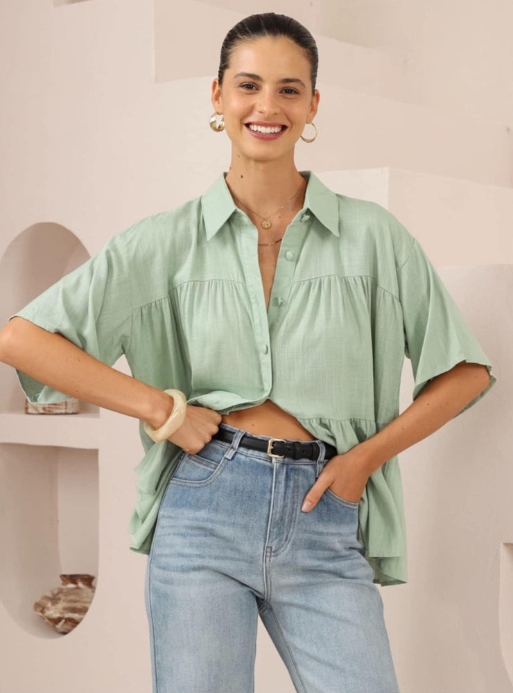 Iris Maxi Sarah Cotton Blouse Top with V-Neck Collar Buttoned Wide Sleeve - Pistachio