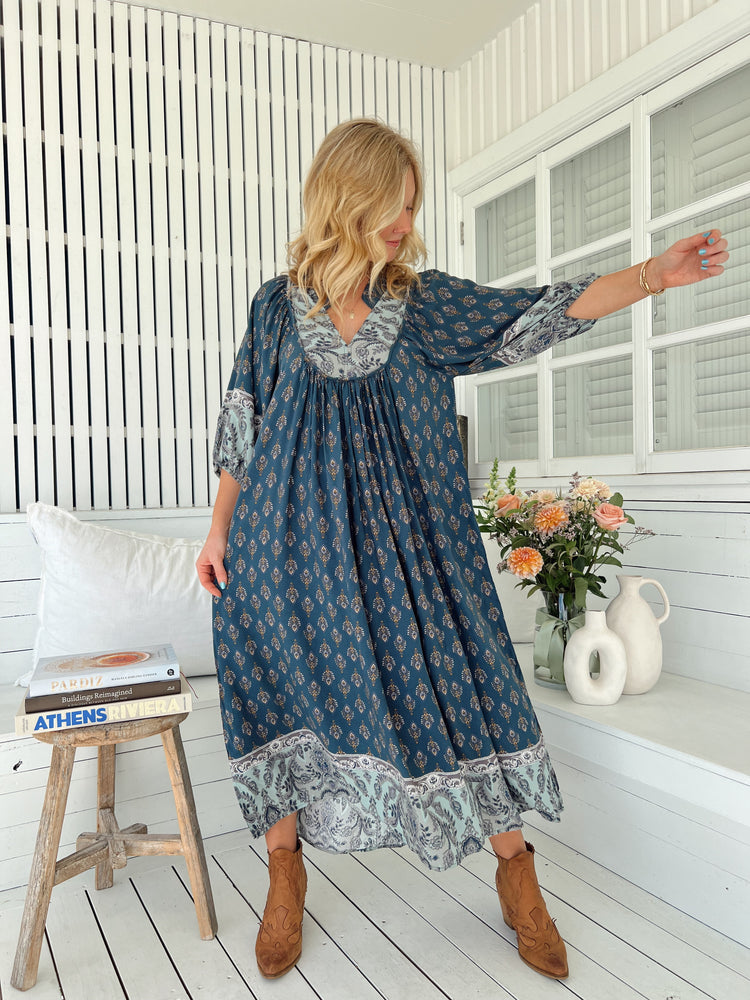 Jaase Boheme Midi Dress with Mandarin Collar V Neck Pockets - Nico - Style House Fashion Jaase Jaase