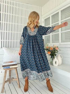 Jaase Boheme Midi Dress with Mandarin Collar V Neck Pockets - Nico - Style House Fashion Jaase Jaase