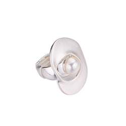 Blue Scarab Lotus Stretch Ring with Cultured Freshwater Pearl Silver Plated