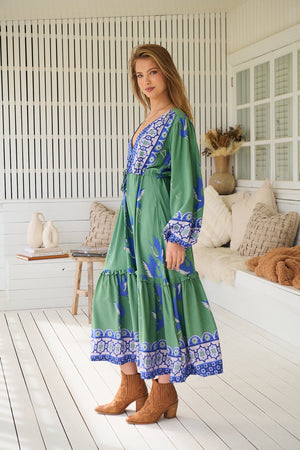 Jaase Willa Midi Dress with Pockets V-Neck Buttons Bodice Drawstring Waist - Bluebird - Style House Fashion Jaase Jaase