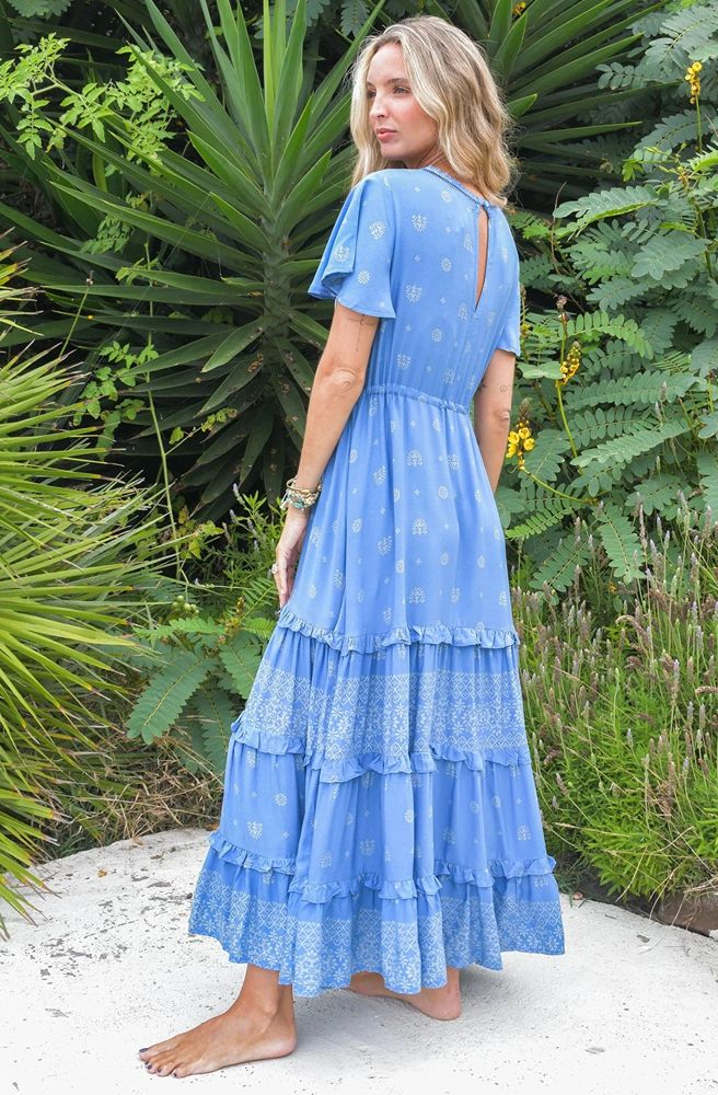 Jaase Lolana Maxi Dress with V Neck Flutter Sleeve Drawstring - Azure Sky - Style House Fashion Jaase