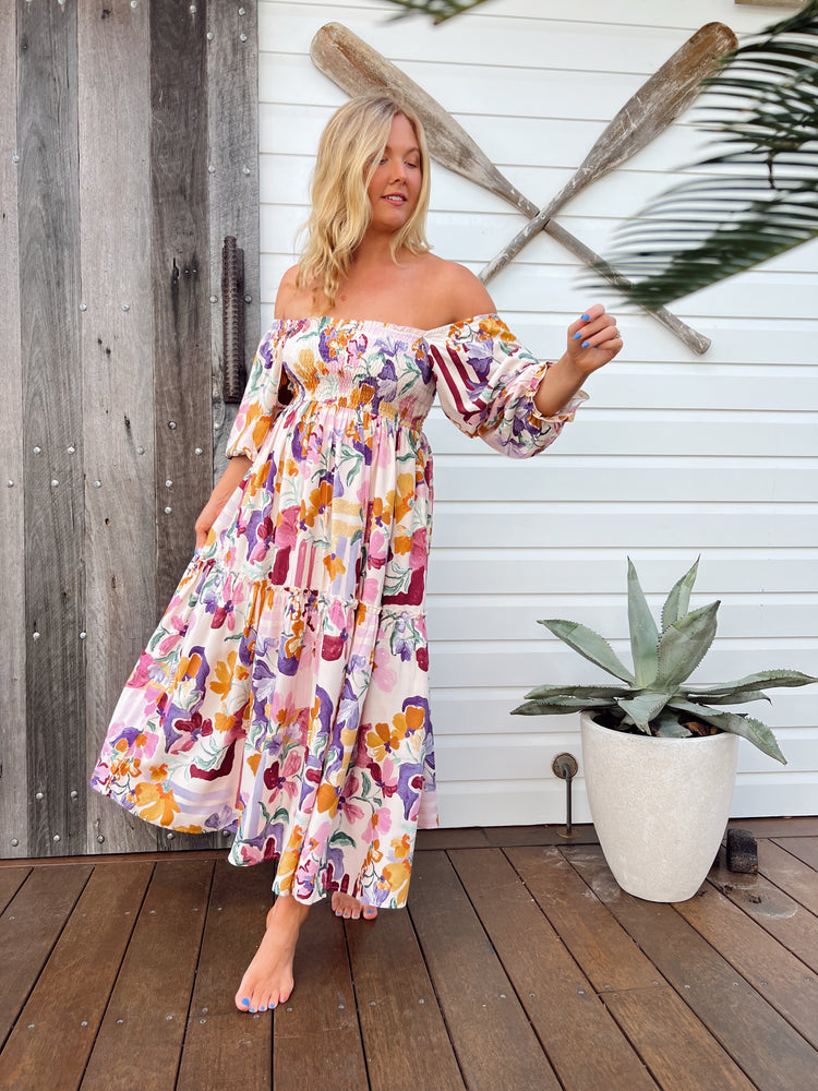 Jaase Tulli Midi Dress with Shirred Bodice Pockets Puff Sleeve - Sweet Lilly - Style House Fashion Jaase Jaase Jaase
